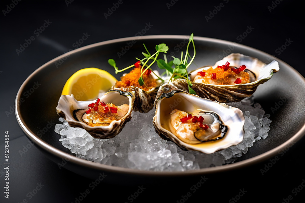 Big fresh oysters on a plate with ice