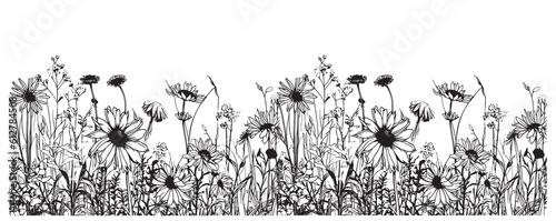 Wildflowers border sketch hand drawn in doodle style illustration