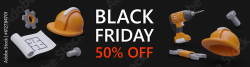 Great discounts on repair tools and personal protective equipment. General works, construction, communal services. Black Friday, grand sale. Vector concept with 3D elements