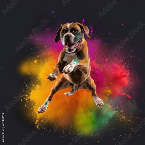 A cheerful playful dog jumps up among the colors of Holi, Boxer on a bright multi-colored background, generative ai