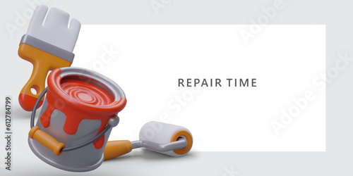 Repair works, painting. 3D brushes of various types, paint for exterior and interior work. Service advertisement. Poster with frame and central blank space for text. Banner for paint shop