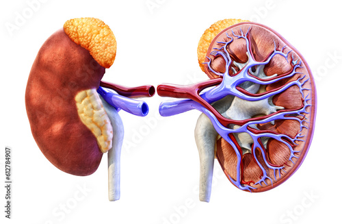 Human kidney cross section, anatomy medical illustration. Kidney physiology disease, anatomical 3D organ model with ureter, blood vessels, renal cortex, vein, artery, medulla, adrenal glands, PNG photo
