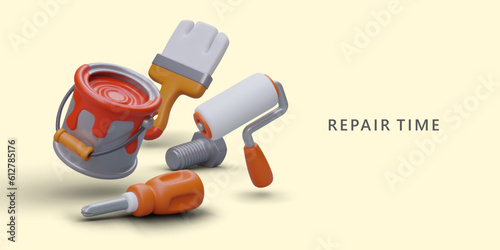 Repair time. Color 3D bucket with paint, brushes, screwdriver, bolt. Reconstruction and redesign. Change of interior style. Advertising poster in modern style