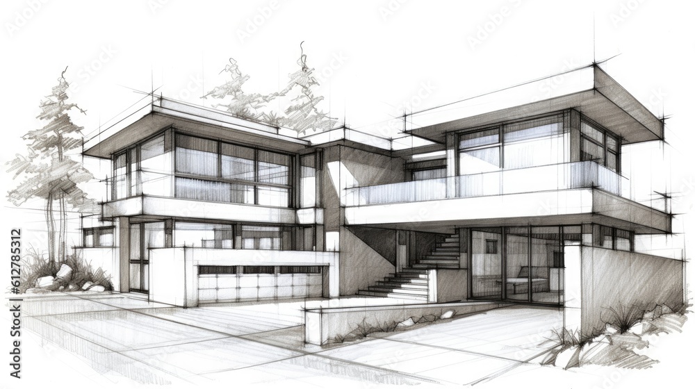Pencil sketch of a modern residential house. Generative AI
