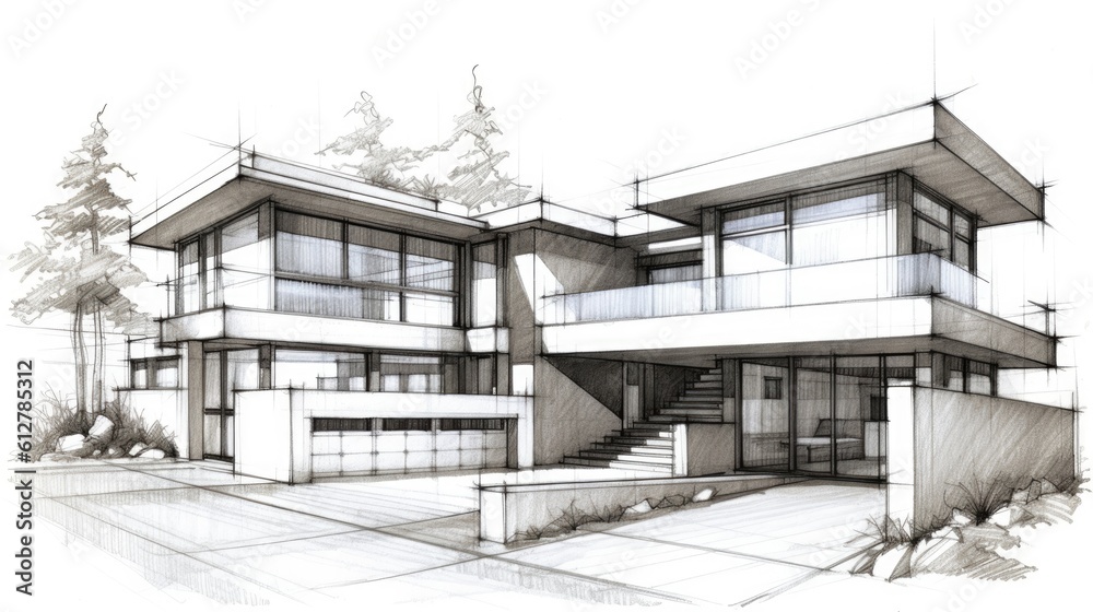 Pencil sketch of a modern residential house. Generative AI Pencil sketch of a modern residential house. Generative AI