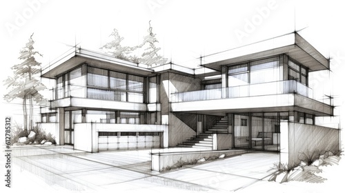 Pencil sketch of a modern residential house. Generative AI