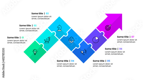 Infographic template. Arrow with icons and 7 puzzle pieces