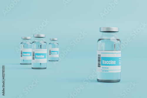 VACCINE ampoule template of transparent glass isolated on blue background concept for medicine and healthcare vaccination vaccine or drug medical treatment realistic 3d render mockup of bottles design
