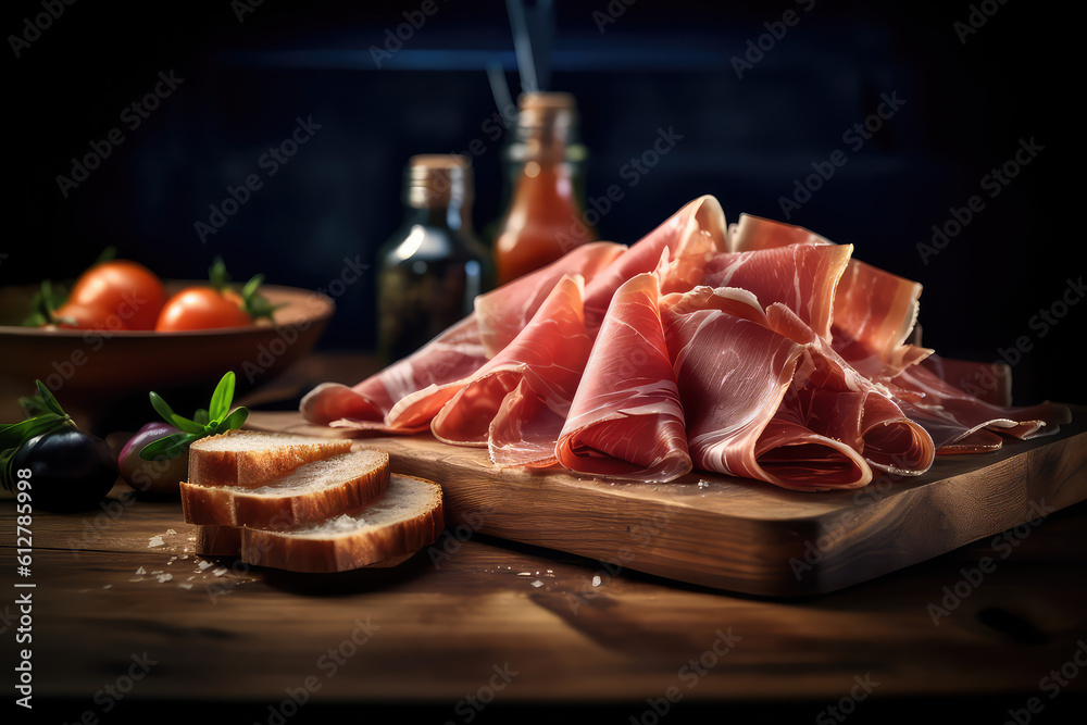 Thin slices of prosciutto, composition with bread on wooden cutting board, black background. Delicious bacon shot. Generative AI photo imitation.