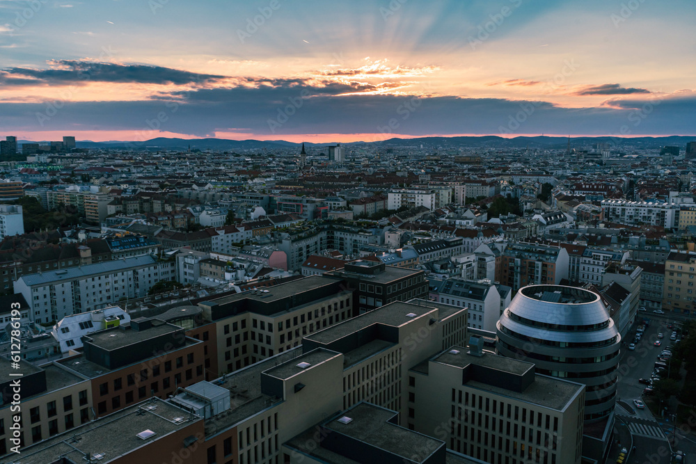 aerial view of the city Vienna at sunset