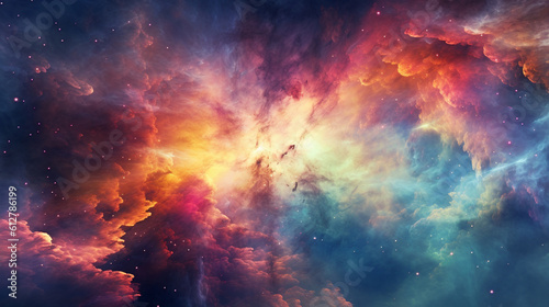 A breathtaking image of a vibrant nebula, with swirling clouds of colorful gases and shining stars, illuminating the vastness of the universe Generative AI