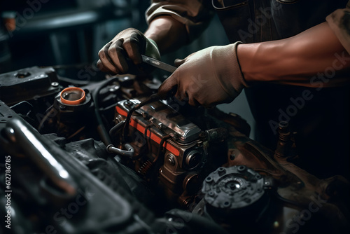 A car mechanic repairing a vehicle's engine, using their expertise to fix mechanical issues. Generative AI