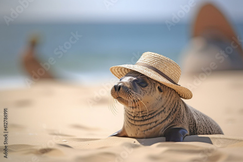 Seal wearing summer straw hat on beach. Generative AI illustration