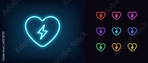Outline neon electric heart icon set. Glowing neon heart with lightning charge sign, flash love. Charge heart, energy love, thunder bolt passion, love charge, energy supply, health care