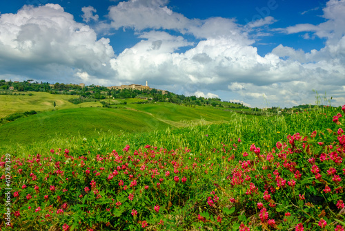 A view from "Gladiator Raod" on Pienza - famous medieval town located in Tuscany, Italy, Europe.