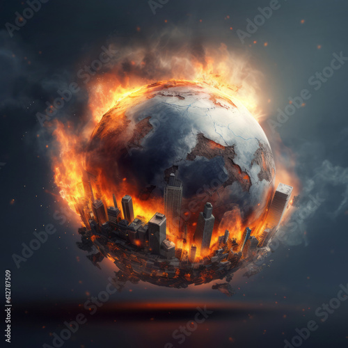 Foto Earth globe collapse, burning, destroyed by fire