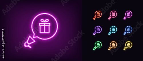 Outline neon promotion megaphone icon set. Glowing neon loudspeaker with bubble message and gift box sign, give away announce. Birthday surprise, gift giveaway, bonus offer and present