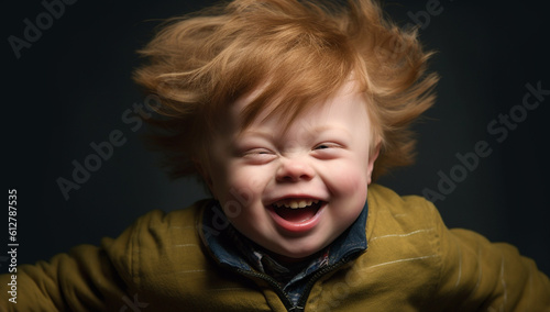 Down syndrome child, portrait of a cute happy child with down syndrome smiling. Beautiful human