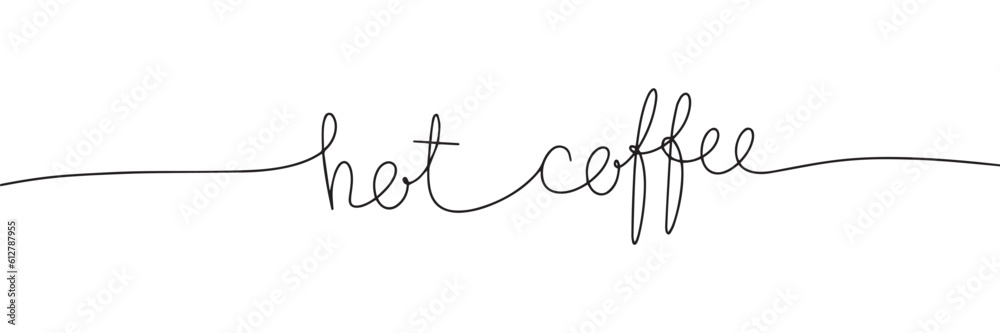 hot coffee handwritten inscription. One line drawing of phrase hot coffee handwritten inscription. One line drawing of phrase