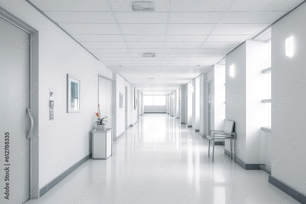 Front view of empty hospital corridor in white. Minimalistic clean hospital corridor with no one, nobody.  Generative AI professional photo imitation.