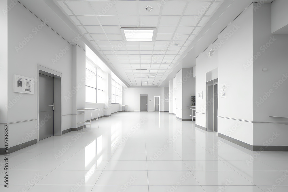 Front view of empty hospital corridor in white. Minimalistic clean perfect hospital corridor without people, nobody.  Generative AI professional photo imitation.