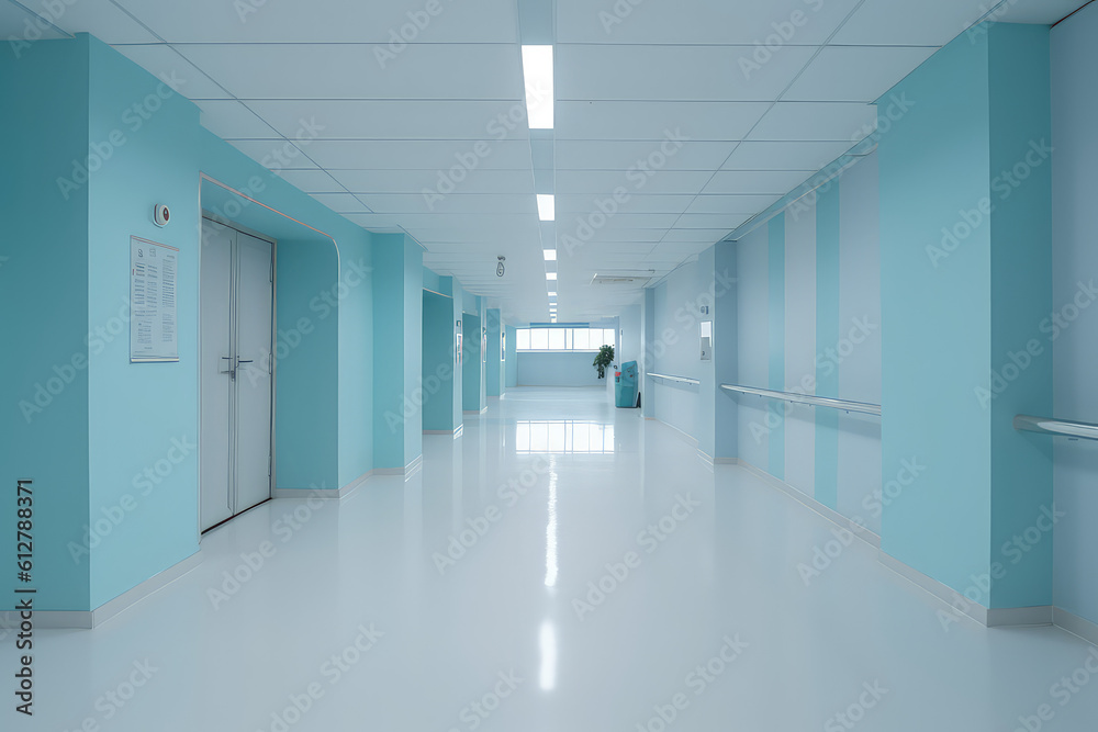 Front view of empty hospital corridor in white and pastel blue. Minimalistic clean hospital corridor without people, nobody.  Generative AI professional photo imitation.