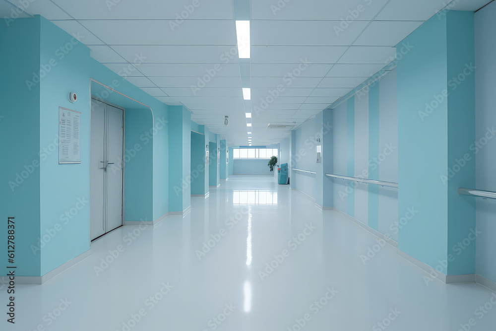 Front view of empty hospital corridor in white and pastel blue. Minimalistic clean hospital corridor without people, nobody. Generative AI professional photo imitation. Front view of empty hospital corridor in white and pastel blue. Minimalistic clean hospital corridor without people, nobody. Generative AI professional photo imitation.