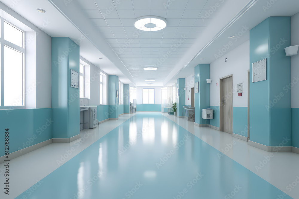 Front view of empty hospital corridor in white and blue. Minimalistic clean hospital corridor without people, nobody.  Generative AI professional photo imitation.