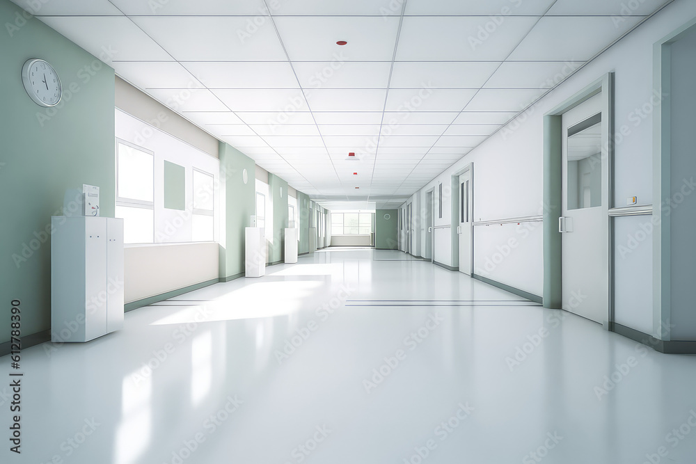 Front view of empty hospital corridor in white color. Minimalistic clean hospital corridor without people, nobody. Generative AI professional photo imitation. Front view of empty hospital corridor in white color. Minimalistic clean hospital corridor without people, nobody. Generative AI professional photo imitation.
