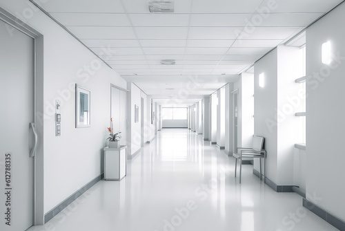 Front view of empty hospital corridor in white. Minimalistic clean hospital corridor with no one, nobody. Generative AI professional photo imitation.