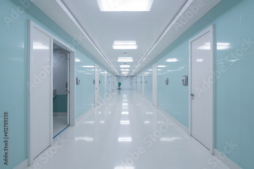 Front view of empty hospital corridor in white and blue. Minimalistic clean stylish hospital corridor without people  nobody.  Generative AI professional photo imitation.