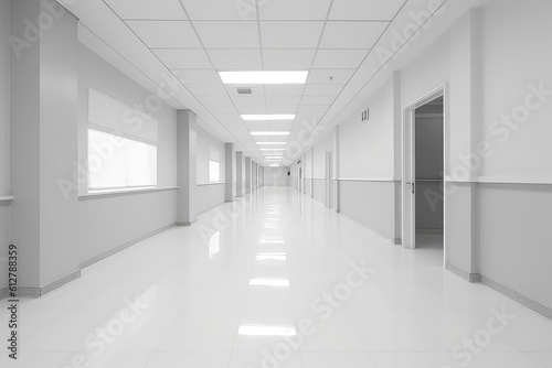 Straight Front view of empty hospital corridor in white. Minimalistic clean hospital corridor without people  nobody.  Generative AI professional photo imitation.