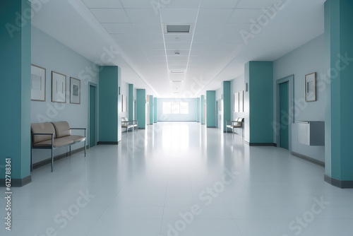 Front view of empty hospital corridor in white and blue. Minimal modern clean hospital corridor without people  nobody.  Generative AI professional photo imitation.