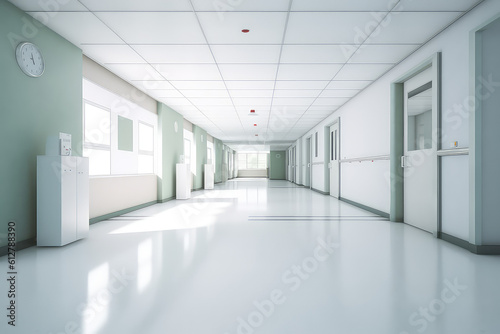Front view of empty hospital corridor in white color. Minimalistic clean hospital corridor without people, nobody. Generative AI professional photo imitation.