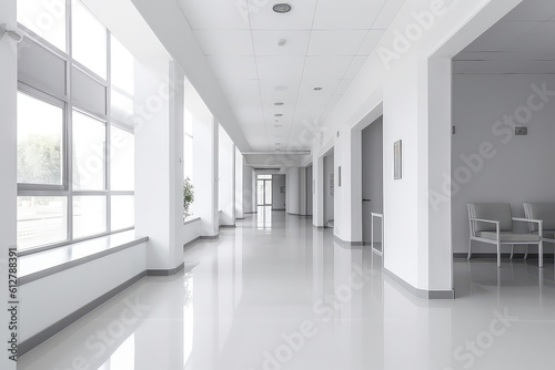 Front view of an empty hospital corridor in white. Minimalistic clean hospital corridor without people  nobody.  Generative AI professional photo imitation.