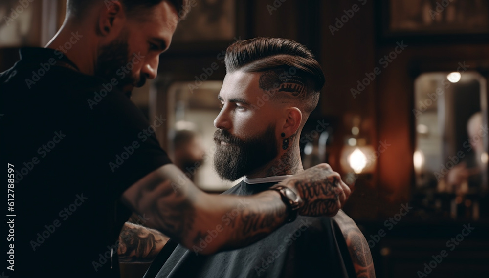Handsome hairdresser cutting hair of male client. Hairstylist serving client at barber shop.