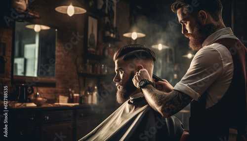 Handsome hairdresser cutting hair of male client. Hairstylist serving client at barber shop.