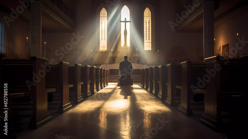 Lonely man prays in a church Generative AI
