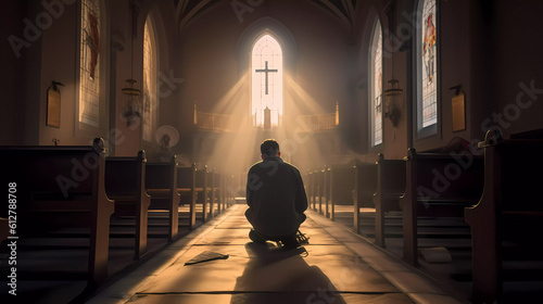 Alone man in a christian church Generative AI