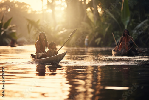 An image highlighting the rich cultural heritage of the Amazonian, featuring an indigenous community engaged in traditional activities, showcasing their connection with the environment. Generative AI