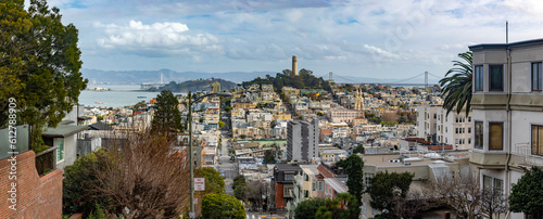 Panoramic view of Lombard Street which is a street in San Francisco, California, United States. Steep street with many slopes and Californian hills. America Concept.