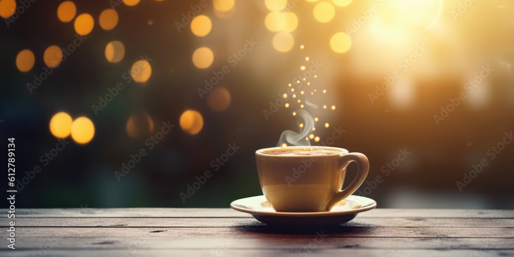 Cup of hot blck coffee on table, copy space. Generative ai illustration Cup of hot blck coffee on table, copy space. Generative ai illustration