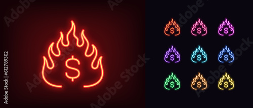 Outline neon hot money icon set. Glowing neon fire with dollar sign, burning money cash. Overheated market, economic recession, debt and economy crisis, hot dollar, burning finance system