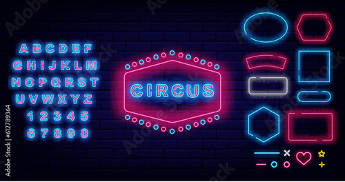 Circus neon label on brick wall. Funfair advertising. Shiny blue alphabet. Vector stock illustration
