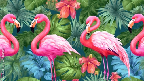 Seamless floral summer pattern background with tropical palm leaves, flamingo, hibiscus. AI Generative Image photo