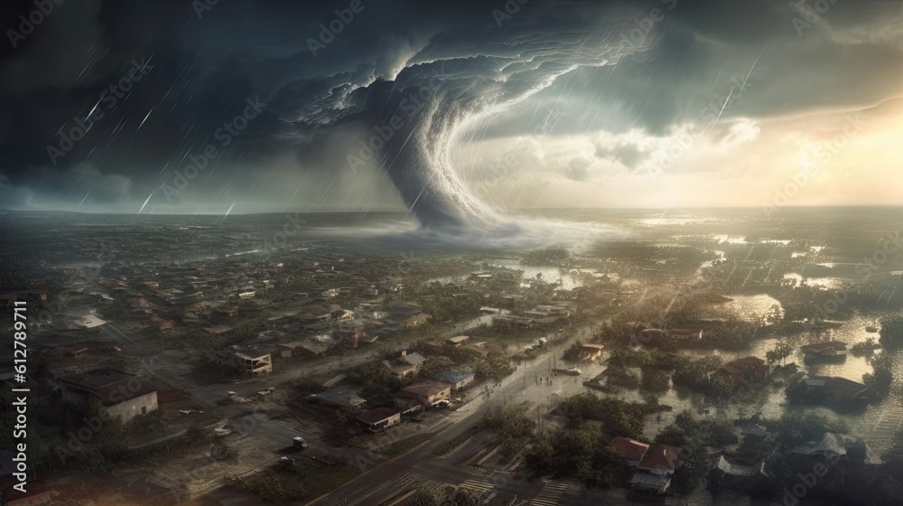 Doomsday Scene: Horrifying Tornado Leaves City in Ruins - Twister, Hurricane, and Storm Damage Everywhere, Generative AI