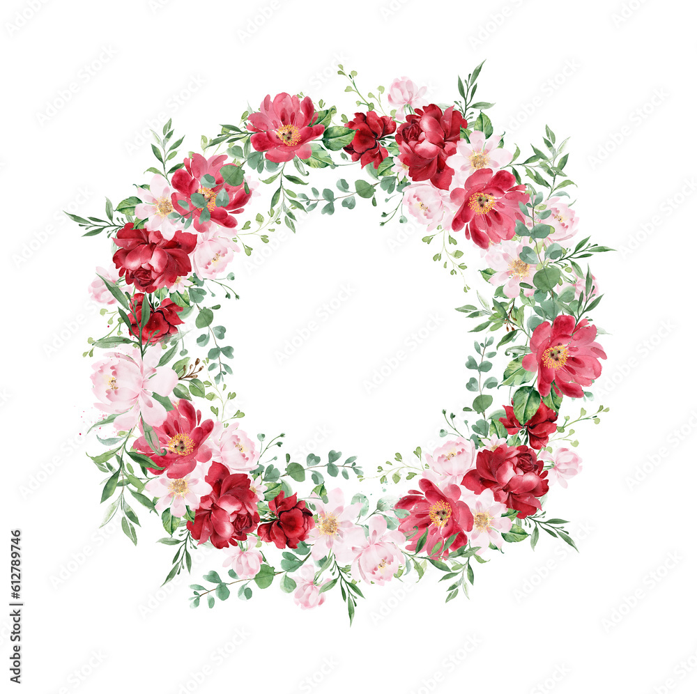 Beautiful floral wreath of burgundy peonies and wildflowers. Watercolor flowers frame.