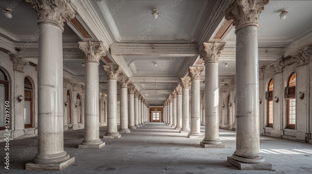 Haunted by History: An Ancient Abandoned Luxury Home's Grand Column-Filled Hall: Generative AI