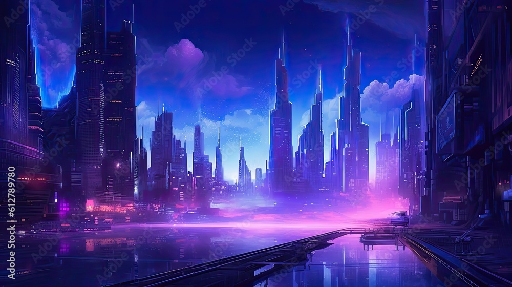 Glow of the Cyberpunk City: A 3D Abstract Future Landscape of Neon Blue and Purple Lights. Generative AI