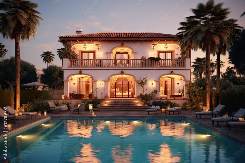 Luxurious Mediterranean Villa with Private Pool by the Sea at Sunset. Generative AI